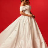 Off-the-Shoulder Satin Ball Gown with Long Train wedding dress for hire
