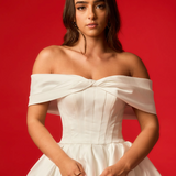 Off-the-Shoulder Satin Ball Gown with Long Train wedding dress for hire