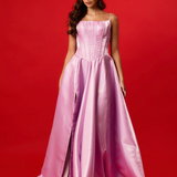 Crescent moon neck line dress with high split