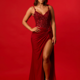 Beaded lace sheer exposed boned V-neck top with stretchy twisted leg slit dress