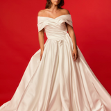 Off the shoulder lace up back wedding dress for hire