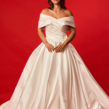 Off the shoulder lace up back wedding dress for hire