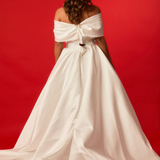 Off the shoulder lace up back wedding dress for hire