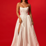 white Straight neck line wedding dress with high split