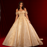 Jaylyn sparkling gold princess dress with off the shoulder sleeves and 3D butterflies for hire