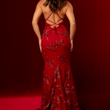 Maroon Sparkling lace criss-cross back mermaid dress