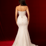 mermaid wedding dress with crescent moon cups, corset back, crystal drops, thigh slit for hire