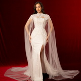 mermaid wedding dress with crescent moon cups, corset back, crystal drops, thigh slit for hire