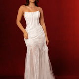 Full French Chantilly lace mermaid with long bodice corset semi see through for hire