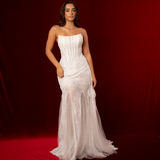 Full French Chantilly lace mermaid with long bodice corset semi see through for hire