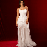 Full French Chantilly lace mermaid with long bodice corset semi see through for hire