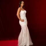 Full French Chantilly lace mermaid with long bodice corset semi see through for hire