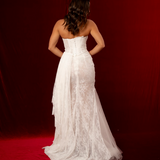 Full French Chantilly lace mermaid with long bodice corset semi see through for hire