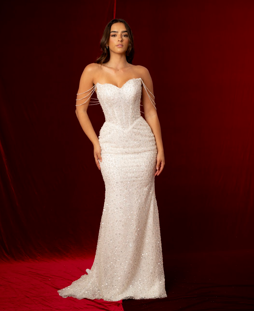 strapless wedding dress with sweetheart cup, structured corset back, a