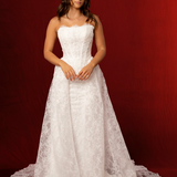This elegant mermaid wedding dress features a strapless straight cup design, fitted corset bodice, delicate lace fabric, and a detachable lace train