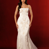 elegant mermaid gown with corset back, beaded off-shoulder details, lace and satin fabric, subtle straps, and a detachable train for hire