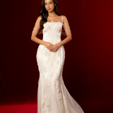 elegant mermaid gown with corset back, beaded off-shoulder details, lace and satin fabric, subtle straps, and a detachable train for hire