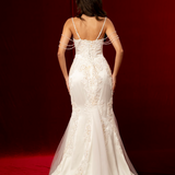 elegant mermaid gown with corset back, beaded off-shoulder details, lace and satin fabric, subtle straps, and a detachable train for hire