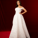 Ball gown silhouette in intricate lace fabric with corset back, off-the-shoulder straps, structured cups, and full skirt for hire