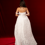 Ball gown silhouette in intricate lace fabric with corset back, off-the-shoulder straps, structured cups, and full skirt for hire