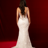 mermaid-shaped gown with delicate straps, sculpted cups, corset back, and intricate beaded lace fabric