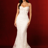 mermaid-shaped gown with delicate straps, sculpted cups, corset back, and intricate beaded lace fabric