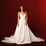 Satin wedding dress with lace up back and Vneck and amazing lace train