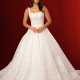 romantic lace ball gown with beaded straps, corset back, and straight cup bodice.