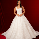 romantic lace ball gown with beaded straps, corset back, and straight cup bodice.