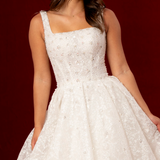 romantic lace ball gown with beaded straps, corset back, and straight cup bodice.