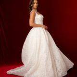 romantic lace ball gown with beaded straps, corset back, and straight cup bodice.