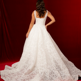 romantic lace ball gown with beaded straps, corset back, and straight cup bodice.
