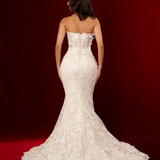 strapless mermaid gown with lace florals, exposed boning, and a romantic sculpted silhouette