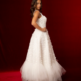 Romantic A-line gown with 3D florals, glittered mesh, and soft tulle layers.