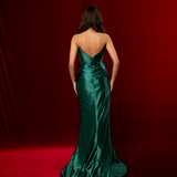 Wavy neckline green high slit dress