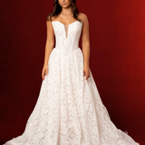 strapless A-line gown with deep V neckline, lace detailing, and a dramatic train fore hire
