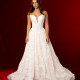 strapless A-line gown with deep V neckline, lace detailing, and a dramatic train fore hire