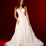 strapless A-line gown with deep V neckline, lace detailing, and a dramatic train fore hire