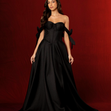 long black A-line gown with satin draping and a sculpted corset bodice for hire