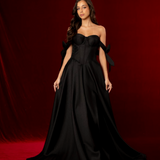long black A-line gown with satin draping and a sculpted corset bodice for hire