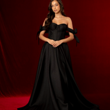 long black A-line gown with satin draping and a sculpted corset bodice for hire