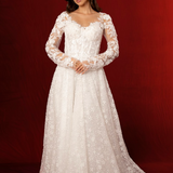 romantic A-line gown with lace sleeves, sweetheart neckline, and delicate shimmer