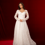 romantic A-line gown with lace sleeves, sweetheart neckline, and delicate shimmer