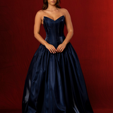 Shallow Vneck dark blue liquid taffeta drop waist dress with slit and lace up back