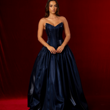 Shallow Vneck dark blue liquid taffeta drop waist dress with slit and lace up back
