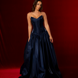 Shallow Vneck dark blue liquid taffeta drop waist dress with slit and lace up back
