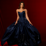 Shallow Vneck dark blue liquid taffeta drop waist dress with slit and lace up back