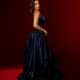 Shallow Vneck dark blue liquid taffeta drop waist dress with slit and lace up back