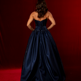 Shallow Vneck dark blue liquid taffeta drop waist dress with slit and lace up back