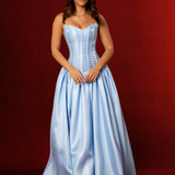 Shallow Vneck baby blue liquid taffeta drop waist dress with slit and lace up back